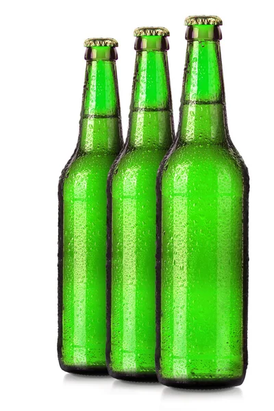Zestaw butelek piwa mroźny krople na białym tle — Zdjęcie stockowe