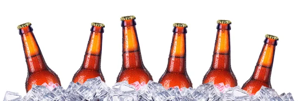 Sada lahví piva s mrazivé kapky v ledu — Stock fotografie