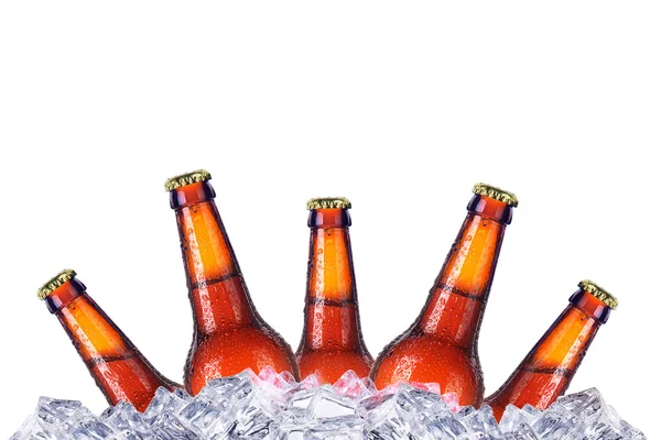 Set of beers bottles with frosty drops in ice — Stock Photo, Image