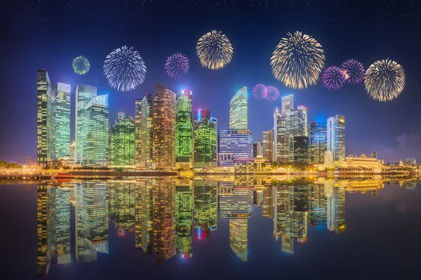 Gyönyörű tűzijátékok Skyline Marina Bay, Szingapúr — Stock Fotó