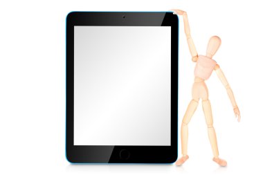 Tablet bilgisayar ile boş perde beyaz arka plan üzerinde izole