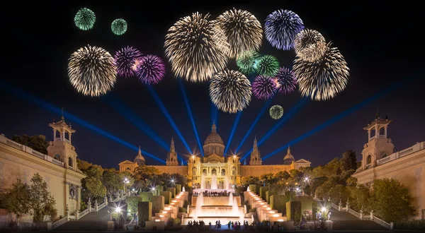 Beautiful fireworks under Magic Fountain in Barcelona — Stock Photo, Image