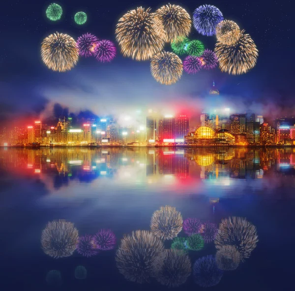 Beautiful fireworks in Hong Kong and Financial district — Stock Photo, Image