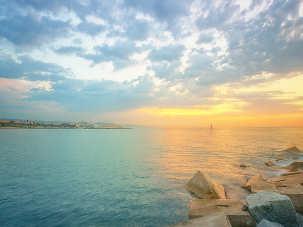 Barceloneta Beach in Barcelona at sunrise