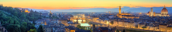 Arno River, Ponte Vecchio, Vecchio Palace, Basilica of Santa Croce at sunset Florence