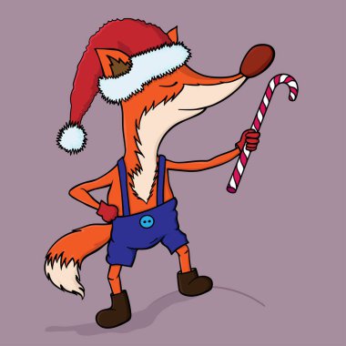 Yeni yıl tilkisi şapkalı, şortlu ve elinde karamel