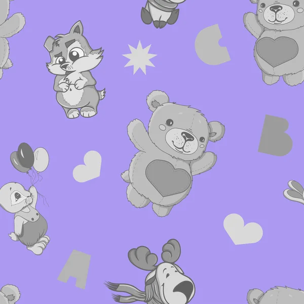 Padrão Animais Bonitos Brinquedos Recheados Corações Estrelas Lebre Urso Peluche —  Vetores de Stock