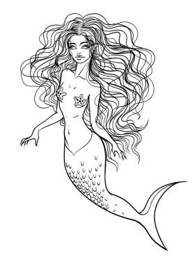 Vektör el güzel deniz kızı çiziyor. Uzun kıvırcık saçlı bir denizkızı. Boyama sayfası. Beyaz bir arkaplanda