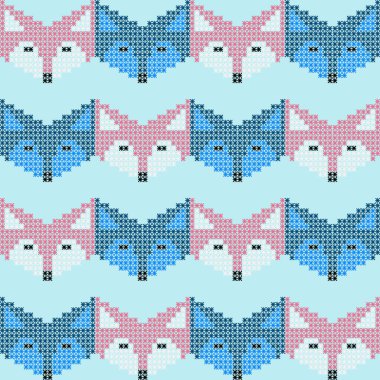 Açık mavi arkaplan hizasında, tilki ve kurdun soyut ve pürüzsüz retro deseni. Örgü örüyorum. Örgü örmeyi taklit ediyor. Vektör illüstrasyonu.