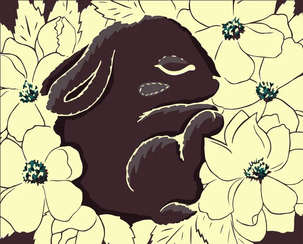 Little Broun Bunny Sleeps Yellow Flowers Silhouette Black White Vector — Stock vektor