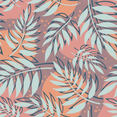 Kahverengi arka planda farklı eğrelti otu yaprakları olan kusursuz bir vektör arka planı. Vektör illüstrasyonu