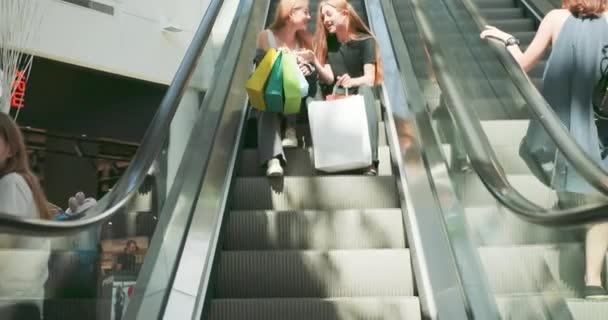 Дві молода красива жінка сидить на лавці всередині комерційного центру і переглядає свої покупки. Стильні друзі ходять в торговому центрі, сміються і ведуть цікаву розмову. відео 4K — стокове відео