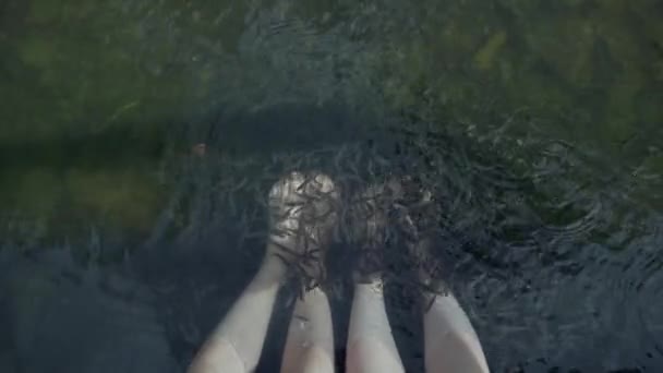 Die Garra Rufa-Therapie für zwei Paar nackte Füße im Wasser. Ansicht von oben.