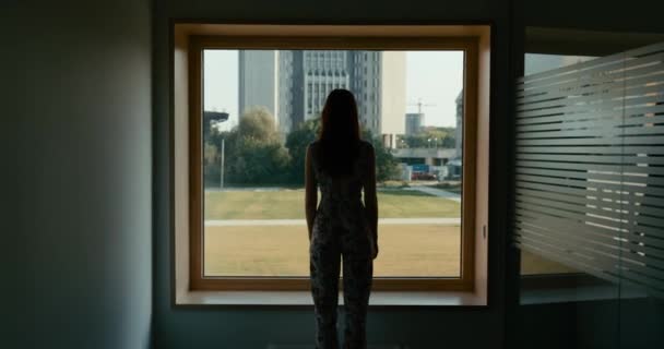 Μετακίνηση της κάμερας στη σιλουέτα του άγνωστου κοριτσιού που στέκεται μπροστά από το τεράστιο παράθυρο. Θέα στο παλιό σπίτι. 4k πλάνα. — Αρχείο Βίντεο