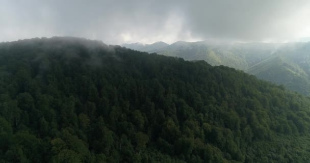 Voando helicóptero através de nuvens sobre as belas montanhas ensolaradas cobertas com floresta exuberante. — Vídeo de Stock