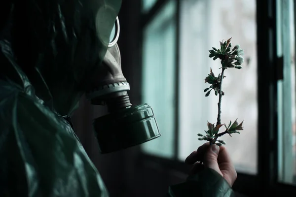 Scientist dosimetrist radiation supervisor in protective clothing and gas mask explores the danger zone. Close-up. Flower — Stock Photo, Image