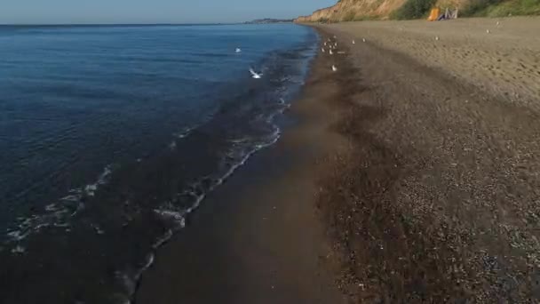 Vista aérea de 4k arriba hacia abajo moviéndose hacia adelante sobre el borde del acantilado de la costa mediterránea con arena amarilla y mar turquesa. — Vídeos de Stock