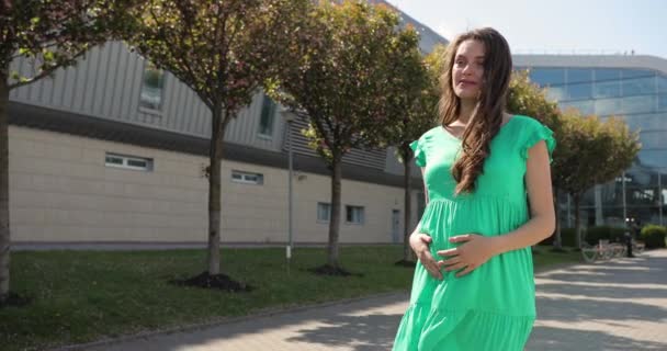 Aantrekkelijke zwangere vrouw loopt op straat op een zonnige dag. Gelukkige verwachting van het moederschap. — Stockvideo