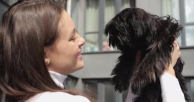 Kollarında siyah bir Yorkshire teriyeri evcil hayvanı tutan çekici genç bir kadın. Bir kızın kollarında küçük siyah bir köpek