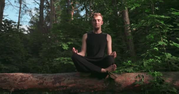 Mann in Lotospose sitzt auf grünem Gras in einem Park. Konzept der Ruhe und Meditation. — Stockvideo