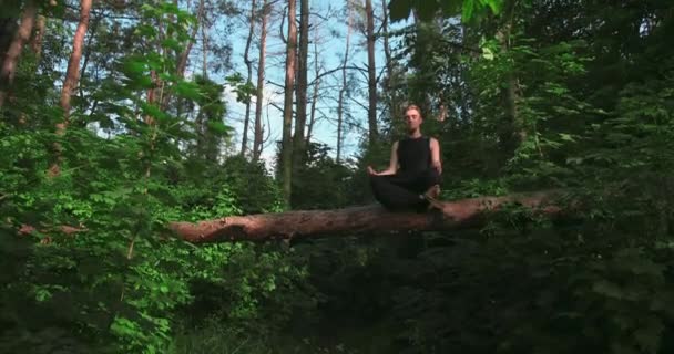 숲 속에서 요가를 하고 연꽃 포즈를 취하고 야생의 조화와 균형 속에서 명상을 하는 사람 — 비디오