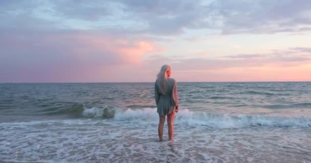 Mujer joven disfrutando de la puesta de sol sobre el mar. Vacaciones de verano fin de semana. Chica soñando relajante viaje en los días de verano. Señora rubia — Vídeo de stock