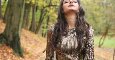 4 bin. Şehirdeki kadın. Parlak gece elbisesi içinde çekici bir manken sonbahar parkında geçitte yürüyor ve uzun esmer saçlarını sallıyor.