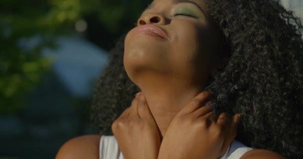 Yeşil göz farı ve nötr lisptick ile büyüleyici Afro-Amerikan kadının hoş ve huzurlu görüntüsü. Kız yana bakıyor. Yakın plan portre. — Stok video