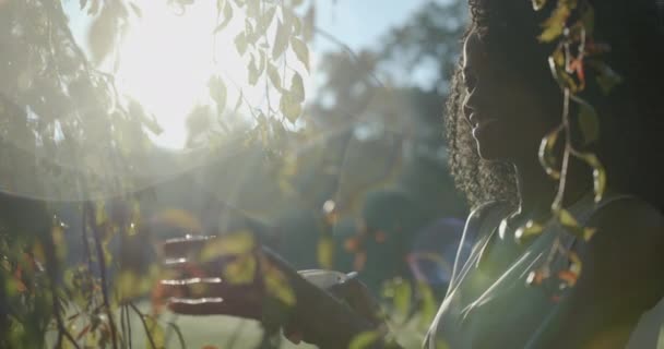 Крупним планом портрет красива приваблива афро-американська дівчина блискуча посмішка натуральне макіяж кучеряве волосся за допомогою зеленого пластикового тригерного спрею на відкритому повітрі рослини сонячне світло 4k повільний рух Природа . — стокове відео