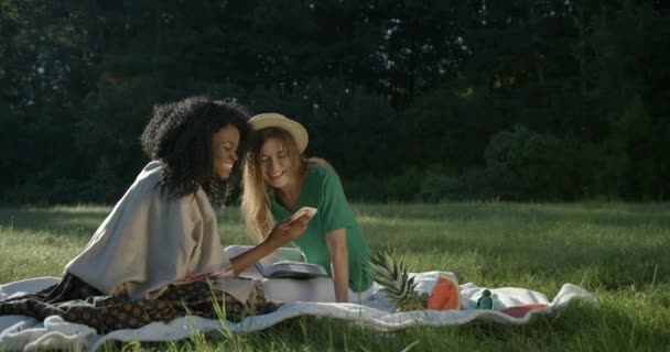 Dos hermosas feliz multi raza africana caucásica niñas amigos sonriendo riendo riéndose viendo vídeo teléfono móvil 4k picnic soleado prado verde diversión tiempo pasar. — Vídeos de Stock