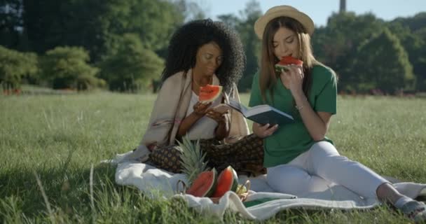 Utomhus picknick av två härliga glada multietniska flickvänner äter vattenmelonen. Den blonda kaukasiska flickan ler och läser boken medan hennes afrikanska vän gladeligen chattar via mobilen — Stockvideo