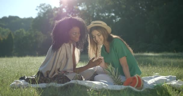 Pandangan di depan dari dua gadis muda yang multi-etnis yang menarik tersenyum dan menonton sesuatu di telepon genggam meyakinkan piknik di luar ruangan mereka. — Stok Video