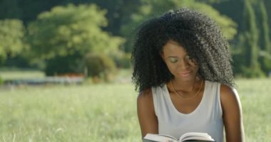 Ön Kapalı Portre Afro Amerikalı Çekici Kız Sevimli Gülümseyen Yeşil Makyaj Kitabı Gülümseyen Açık Hava Pikniği Sunny 4k Dinlenme.