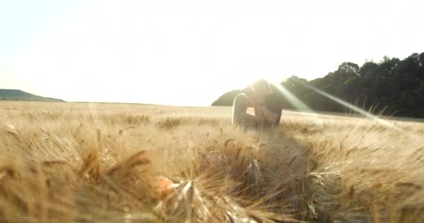 Romantic outdoor portrait of the beautiful blond couple tenderly holding hands and standing head-to-head in the golden wheat field in the sun. — Stock Video