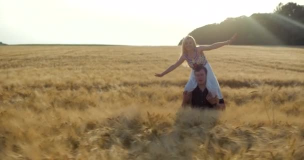 Emocional retrato al aire libre de la encantadora pareja feliz. El hombre guapo lleva sobre sus hombros a su hermosa novia mientras camina por el campo de trigo dorado bajo el sol. — Vídeos de Stock