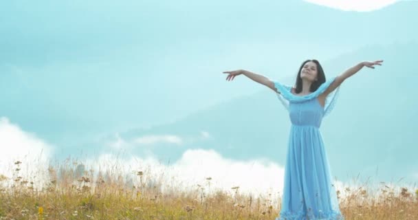 Повнометражний вид на красиву 20-річну брюнетку в довгій блакитній сукні, що піднімає руки в полі під час сонячної погоди . — стокове відео
