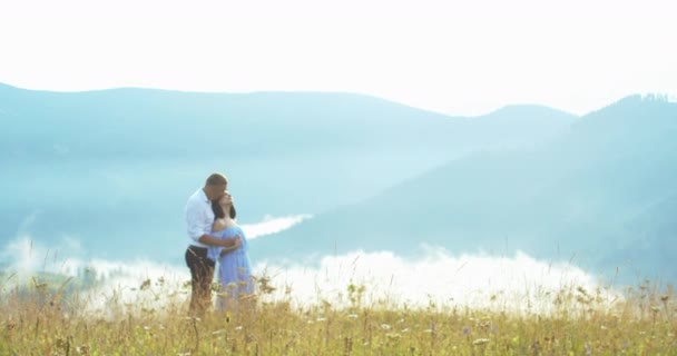 Loving Cuplu Îmbrățișare Înapoi Sărut Tineri Frumos Câmp de Aur 4k Slow Motion Mountains Dragoste Sunny 20s 30s . — Videoclip de stoc