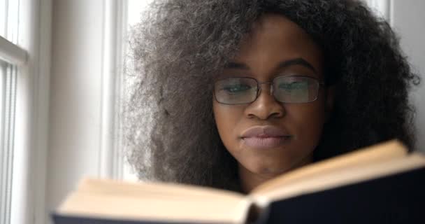 Muotokuva afro amerikkalainen kaunis yllään lasit lukeminen kirja ikkuna koti 4k vapaa-ajan lähikuva. — kuvapankkivideo