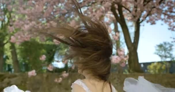 De charmante brunette met natuurlijke make-up en mooie glimlach draait rond in de witte jurk tijdens de wandeling in bloeiende sakura tuin. 4k-beelden. — Stockvideo