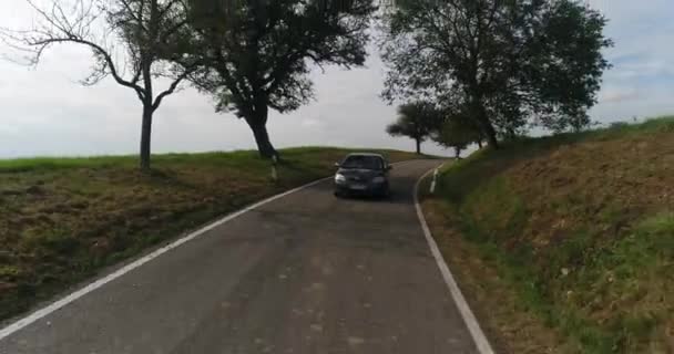 Widok z przodu na samochód jadący wzdłuż drogi wiejskiej otoczony drzewami. Piękna przyroda widok Niemiec z helikoptera. 4k. — Wideo stockowe
