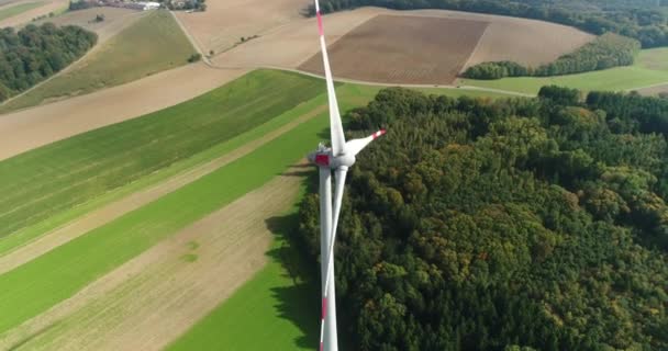 Helikopter leci nad nowoczesnym wiatrakiem na złotym polu pokrytym zielonym gęstym lasem. Materiał 4k. — Wideo stockowe