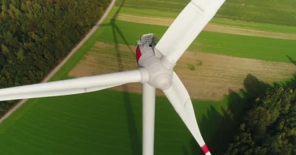Vista de cerca desde el helicóptero en el moderno molino de viento blanco en el campo de oro y verde rodeado de bosque en alemán. Imágenes de 4k. — Vídeos de Stock
