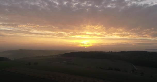 Vliegende helikopter over mistig groen en gouden veld omgeven door dikke bossen tijdens de zonsondergang. Duitse locatie. 4k-beelden. — Stockvideo