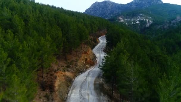 Traslado de helicóptero a lo largo de carretera estrecha en las hermosas montañas de Tauro cubiertas de árboles verdes gruesos durante el día soleado. 4k. Alanya, Turquía. — Vídeos de Stock