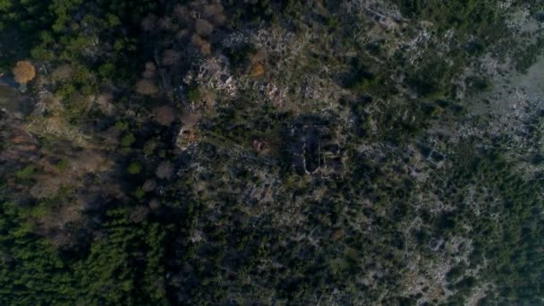 Helikopter leci w górę. Widok z góry na urokliwe słoneczne góry Taurus pokryte zielonym lasem. 4k. — Wideo stockowe