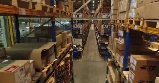 In het magazijn van de autofabriek. Camera beweegt tussen rekken met paperboxen. Werknemers produceren de auto goederen, kabels en elektrische bedrading. — Stockvideo