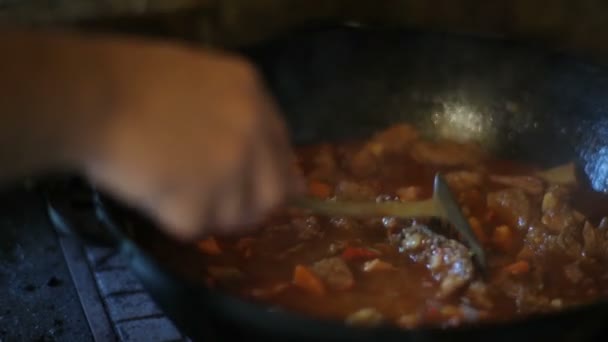Die Köchin bereitet in einem Kessel in der Natur Rindersuppe zu. Eine männliche Hand rührt ein Gericht in einem Kessel um — Stockvideo