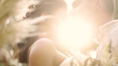 Birbirlerini kucaklayan, kucaklayan ve okşayan güzel bir düğün çifti. Kapat.