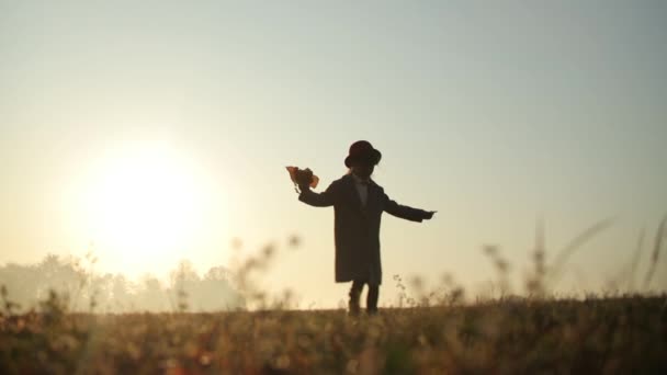 Autumn scenery. Sunrise in the foggy weather. Small pretty girl in grey coat with red hat circling on the field holding bouquet of yellow fallen leaves in hand. 4K video. — Stock Video