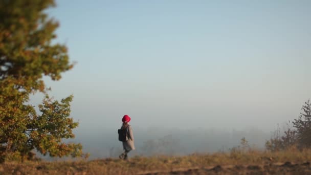 Foggy höst landskap. Liten söt flicka i grå rock och röd hatt går långsamt genom höstskogen i solig dag. 4K-video. — Stockvideo
